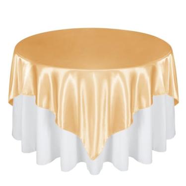 Imagem de Cobedzy Sobreposição de toalha de mesa quadrada de cetim de 182 cm, 6 peças, capa de toalha de mesa quadrada dourada, sem rugas, tecido resistente a manchas para festa, casamento, decoração de mesa de