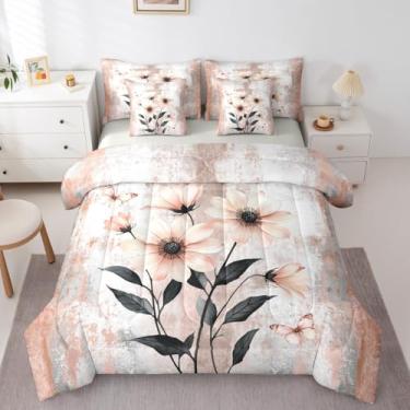 Imagem de Erosebridal Conjunto de cama casal com estampa de margaridas em aquarela com 7 peças, pintura a óleo abstrata, rústico, casa de fazenda, conjunto de edredom com lençol ombré, laranja, cinza, branco