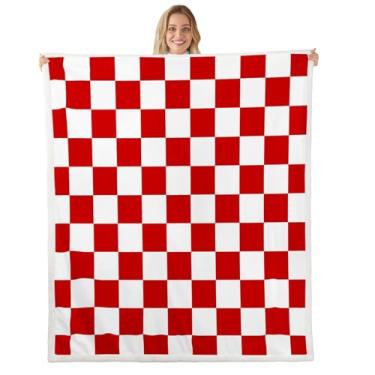 Imagem de Feelyou Cobertores xadrez retrô adolescentes mulheres homens vermelho branco xadrez macio cobertor de lã aconchegante 50 x 152 centímetros crianças meninos meninas geométrico vintage lã flanela mantas