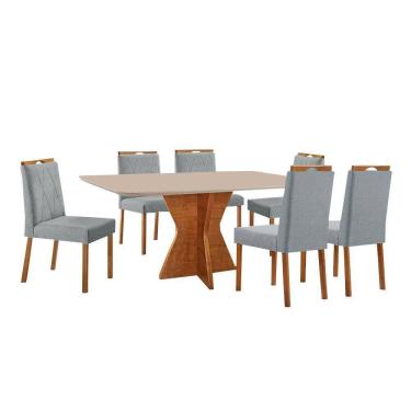 Imagem de Conjunto Sala De Jantar Mesa Madri 160x90cm Tampo Retângular Vidro Off White Com 6 Cadeiras Bela Linho Cinza