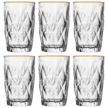 Imagem de Conjunto de 6 Copos Alto de Vidro com Fio de Ouro Diamond 390ml - Lyor