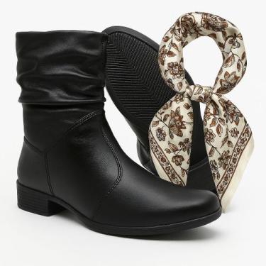 Imagem de Bota Feminina Cano Curto Coturno Enrugada Sanfonada Preta Salto Baixo 