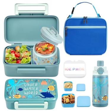 Imagem de MAISON HUIS Bento Box para crianças com garrafa térmica de sopa de 227 g, lancheira isolada e garrafa de água de 500 ml, caixa bento de 2 compartimentos com pacote de gelo embutido, à prova de