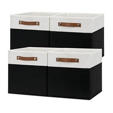 Imagem de Temary Conjunto de 4 caixas de armazenamento em cubos organizadores com alças, cestas dobráveis para prateleiras, caixas de armazenamento decorativas para casa, escritório (branco e preto)