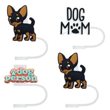 Imagem de STRACOUPI Tampa de palha de silicone chihuahua preta para copos Stanley, acessório decorativo reutilizável, pacote com 4