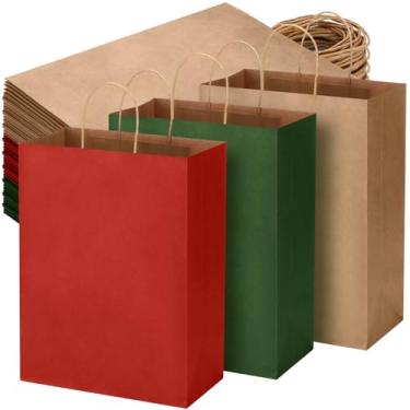 Imagem de Kolldenn 120 peças de sacos de presente de Natal marrom, vermelho e verde, sacos de papel kraft com alças para casamento, chá de bebê, chá de panela, festa de compras, lembrancinha de negócios, 21 x