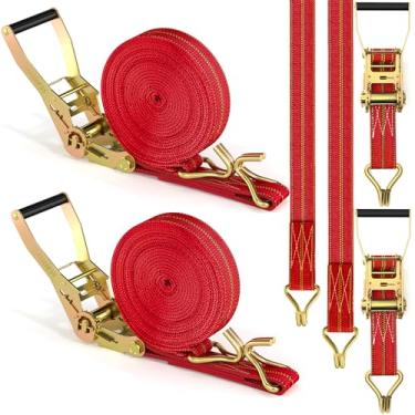 Imagem de Pacote com 2 correias de catraca resistentes, 5 cm, 32 m, catraca de amarrar, catraca com gancho duplo J, alça de carga de força de ruptura de 1,814 kg para movimento, reboques, motocicletas e teto de