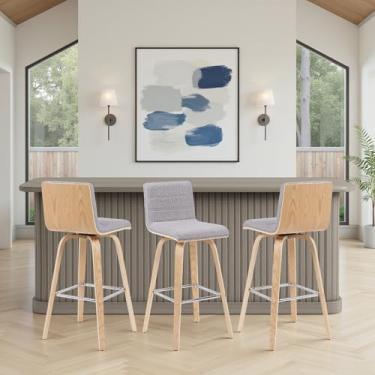 Imagem de Banqueta giratória moderna Vienna com assento estofado cinza e moldura de madeira de carvalho padronizada, conjunto de 3