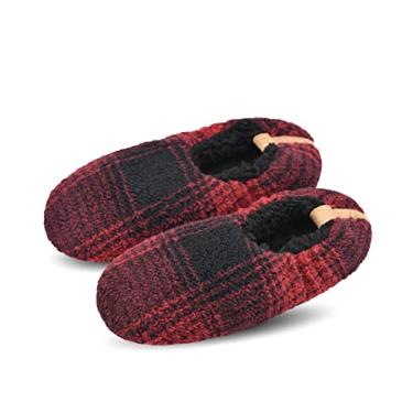 Imagem de DICUIRD Meias masculinas de sola macia com garras, chinelos aconchegantes e quentes com forro de lã de ovelha com parte inferior antiderrapante, chinelos felpudos para casa, Treliça vermelha, 7-9.5