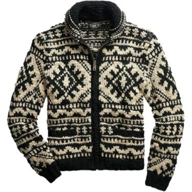 Imagem de Roupas Masculinas Outono E Inverno Jaqueta De Malha Jacquard Masculina Lapela Jaqueta De Manga Comprida Suéter, Black, 4XL