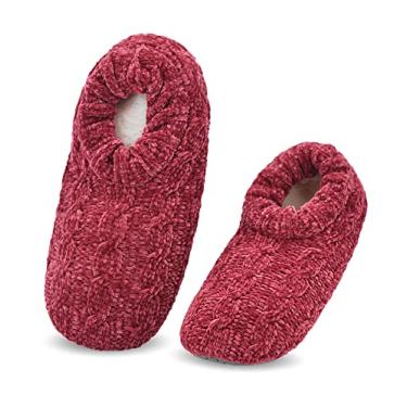 Imagem de Panda Bros Meias femininas com pegas, meias felpudas femininas com parte inferior antiderrapante, chinelos aconchegantes para casa, Lk Wine, 8-10