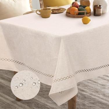 Imagem de Gugxiom Toalha de mesa texturizada de linho, toalha de mesa retangular à prova d'água, sem rugas, toalha de mesa boho para jantar, café, jantar, acampamento, casamento (130 x 175 cm bege)