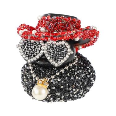 Imagem de Pato de Borracha com Diamante, Enfeite de Carro 5x5,5 cm Pato com Chapéu Cowboy Óculos Sol e Colar Pingente Pérola Decoração Engraçada para Painel (Vermelho e Preto)