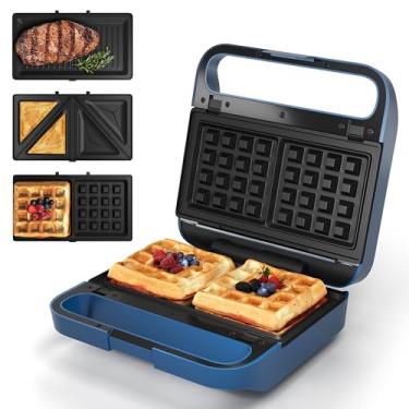 Imagem de Sunvivi Sanduicheira 3 em 1, máquina de waffle elétrica com placas antiaderentes removíveis, churrasqueira Panini de 850 W com tampa de vidro, alça de toque legal e fácil de limpar, azul