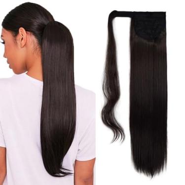 Imagem de iLUU Clipe em rabo de cavalo extensão de cabelo sintético envoltório em torno de rabo de cavalo longo reto para mulheres meninas 100 g marrom escuro Magic Paste rabo de cavalo peça de cabelo para uso