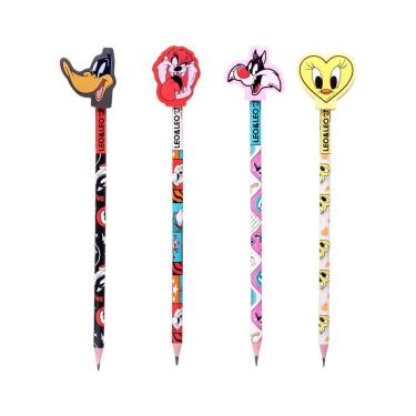 Imagem de Kit 4 Lápis Hb Com Borracha Escolar Looney Tunes Leo & Leo