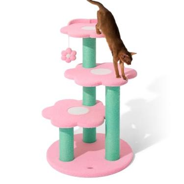 Imagem de VETRESKA Árvore para gatos de 101 cm, torre de vários níveis com plataforma, postes de arranhar de sisal com brinquedo de flores penduradas, móveis internos para gatos, centro de atividades para gatos