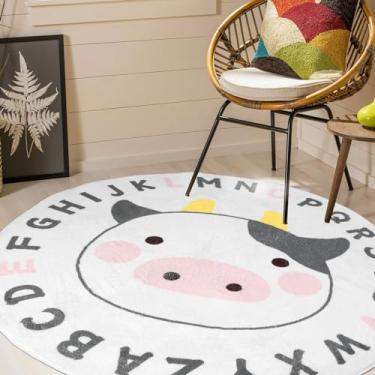 Imagem de KTZCTPCA Tapete redondo de animal fofo, cobertor grande de 120 cm para bebês, tapete de pelúcia lavável, tapete circular felpudo fofo para berçário, quarto de adolescente, quarto de bebê (vaca)