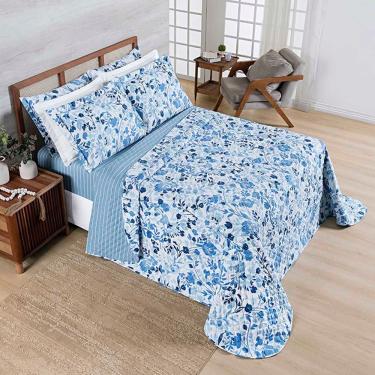 Imagem de Kit Cobre Leito Colcha Benim Queen 3 Peças Dupla Face Micropercal 400 Fios - Loli Azul Floral - 100% Poliéster