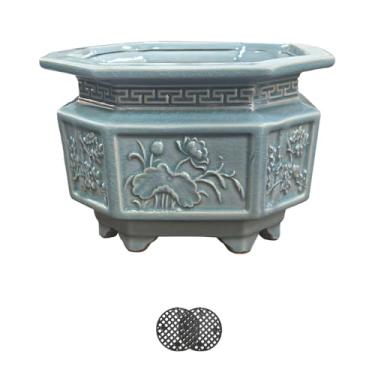 Imagem de HUOMUSIR Vaso de bonsai octógono grande de 20 cm azul claro esmalte de água bonsai árvore vaso de flores de cerâmica feito à mão