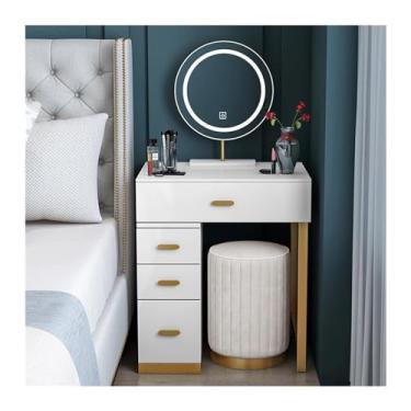 Imagem de Escrivaninha de penteadeira Conjunto de mesa maquiagem pequena com acabamento veludo branco espelho iluminado e 4 gavetas, penteadeira para quarto banco acolchoado(Pequeno)