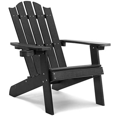 Imagem de Juserox Cadeira de plástico Adirondack resistente ao clima com suporte de copo - cadeira de lareira pátio jardim cadeiras adirondack ao ar livre para deck, quintal - preto