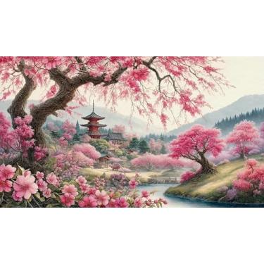 Imagem de Kits de arte de diamante grande para adultos, kits de pintura artística de flores de cerejeira para adultos, 5D faça você mesmo brocas completas montanha Sakura artesanato para presentes, decoração de