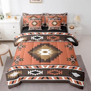 Imagem de Erosebridal Conjunto de edredom tribal asteca, 7 peças, cama king size, terracota, étnico, decoração de quarto ocidental, geometria sudoeste, rústico, indiano, oriental e edredom