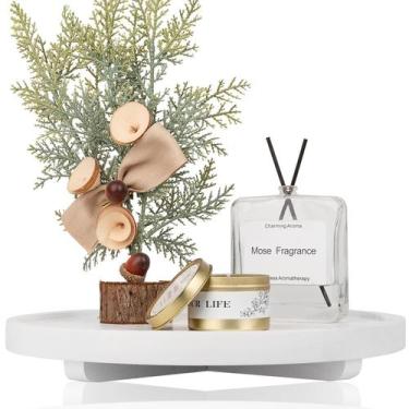 Imagem de Bandeja decorativa zoocatia, organizador de banheiro redondo de madeir