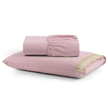 Imagem de Jogo Cama Lençol Haia Solteiro Percal 200 Fios 100% Algodão Guipir Bordado Inglês 2 Peças - Rosê