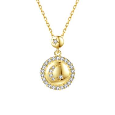 Imagem de EFASHION Colar feminino com pingente de zircônia e lua e estrela, banhado a ouro 14K, Medium, Ouro, Zircônia cúbica