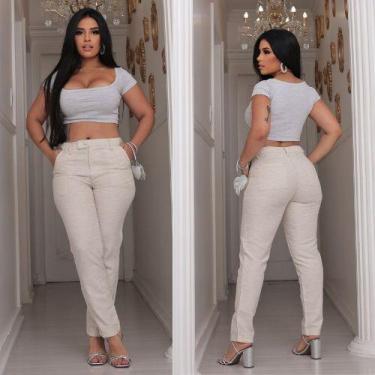 Imagem de Calça Reta skinny Linho Feminina Cintura Alta Com bolso na frente e zi