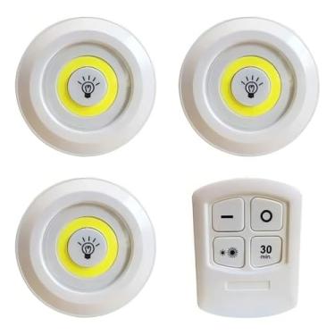 Imagem de Luminária LED Sem Fio, Kit com 3 Spots, Controle Remoto com Timer 30min, Branco Frio, Bateria AAA, Fixação Dupla Face, Ajuste de Intensidade