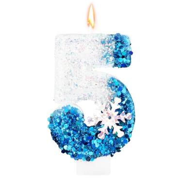 Imagem de Velas com número de aniversário de lantejoulas de floco de neve, suprimentos de decoração de festa de aniversário com glitter azul e branco (número 5)