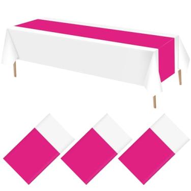 Imagem de VitalCozy Pacote com 3 toalhas de mesa de plástico descartáveis para decoração de festa de aniversário de formatura, casamento, 129 x 274 cm (rosa choque, branco)