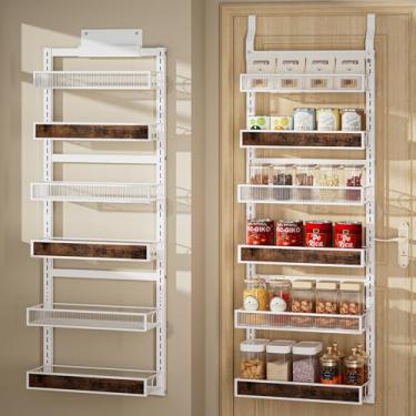 Imagem de Clothink Organizador de despensa sobre a porta, suporte para temperos de 6 camadas com cesta de madeira ajustável e cesta de acrílico, prateleira de armazenamento de porta resistente de metal para