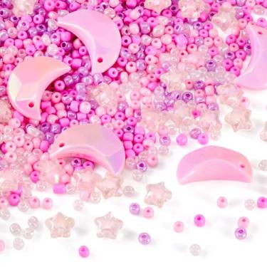 Imagem de Kits de pulseiras de contas faça-você-mesmo, incluindo contas de semente de vidro de 60 g, lua estrela, espaçador, miçanga, para mulheres, joias, brincos, colar, decoração, rosa