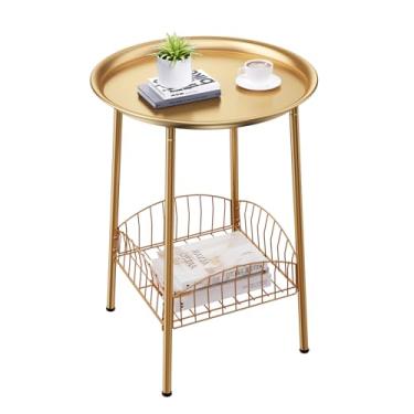 Imagem de Luwesde Mesa lateral pequena para área externa, mesa redonda de pátio de metal de 2 camadas, mesa de canto à prova d'água, resistente ao clima, para varanda e varanda, jardim, cabeceira (dourada)