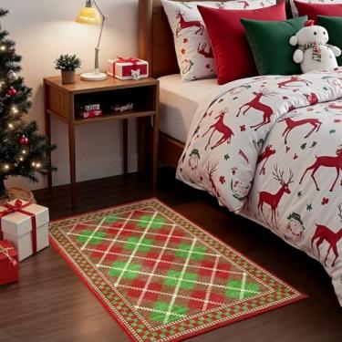 Imagem de Terrug Tapete de Natal 5 x 7 para entrada, tapetes xadrez verde vermelho com base antiderrapante de baixa camada para cozinha, tapete de porta lavável resistente a manchas para decoração de quarto e