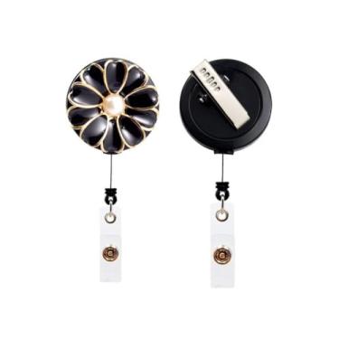 Imagem de 1 suporte retrátil para crachá com clipe, cabo retrátil de 61 cm, carretel de crachá de identificação com pérola, preto