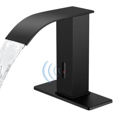Imagem de Torneiras de banheiro sem toque de aço inoxidável, torneira de pia de sensor automático preta com bico de cachoeira, torneira de pia de banheiro mãos livres com placa de cobertura de furo