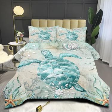 Imagem de CCoutueChen Jogo de cama solteiro de tartaruga turquesa, macio, tartaruga marinha, com 2 fronhas, 3 peças, edredom macio e leve de verão para decoração de quarto