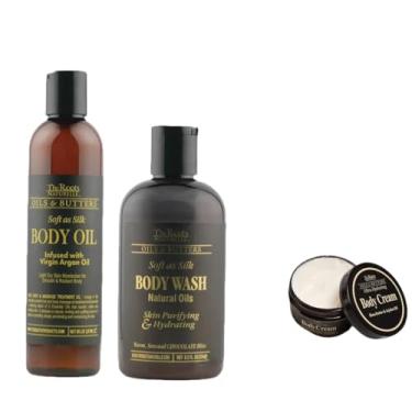 Imagem de The Roots Naturelle Conjunto luxuoso de cuidados corporais, sabonete líquido corporal de chocolate, óleo corporal de óleo de argan, creme corporal ultra hidratante com manteiga de karité e óleo de