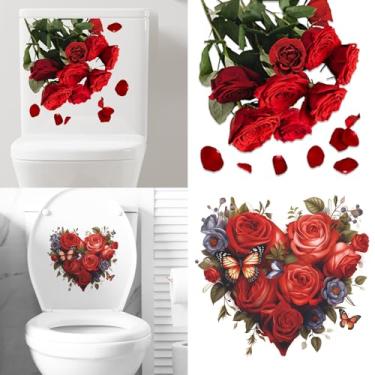 Imagem de Adesivo de vaso sanitário coração vermelho flor rosa tampa vaso sanitário decalques adesivos de parede decoração artística