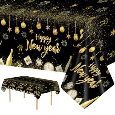 Imagem de 2 peças de toalha de mesa de plástico feliz ano novo - preto dourado artigos para festa de ano novo 2026, toalha de mesa descartável grande feliz ano novo para decorações de mesa de festa de ano novo