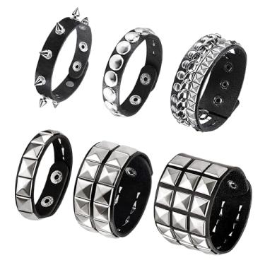 Imagem de 6 peças de pulseira cravejada, pulseiras emo spiked Y2k couro preto rebite punk pulseira rock cuff gótico acessórios punk halloween para homens mulheres