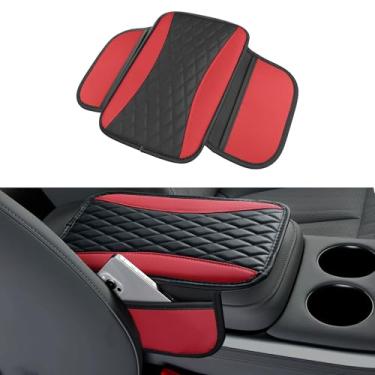 Imagem de Tioollev Capa de console central de carro de couro patchwork, almofada protetora de braço de couro de microfibra com 2 sacos de armazenamento, almofada universal de apoio de braço de carros para SUV