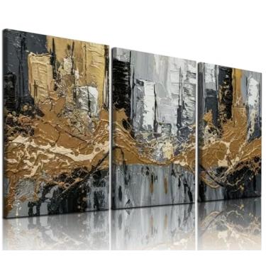 Imagem de Conjunto de arte de parede com 3 peças de tela abstrata dourada e cinza impressão de paisagem urbana moderna pôster de arte em tela de arte para decoração de parede estilo de galeria para sala de
