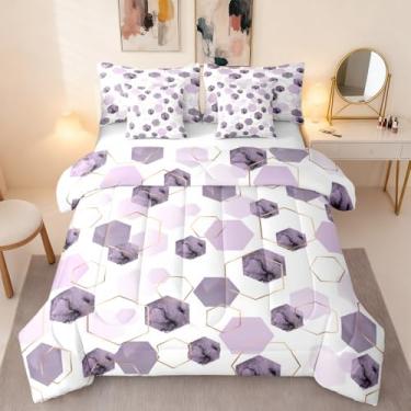Imagem de Erosebridal Conjunto de edredom moderno roxo lavanda com lençol completo - cama geométrica de grão de mármore, arte geométrica abstrata fresca em uma bolsa para meninos e meninas, conjunto de cama