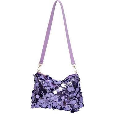 Imagem de Bolsa feminina de lantejoulas, bolsa de ombro brilhante, bolsa de compras de grande capacidade, bolsa de moedas combinando, bolsas clutch para festa, Roxa, 24cm X 9cm X 15cm